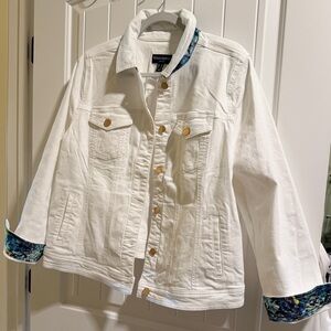 Susan Graver Jeans Jacket  L White Denim  Contrast lining Collar & Cuffs NWOT